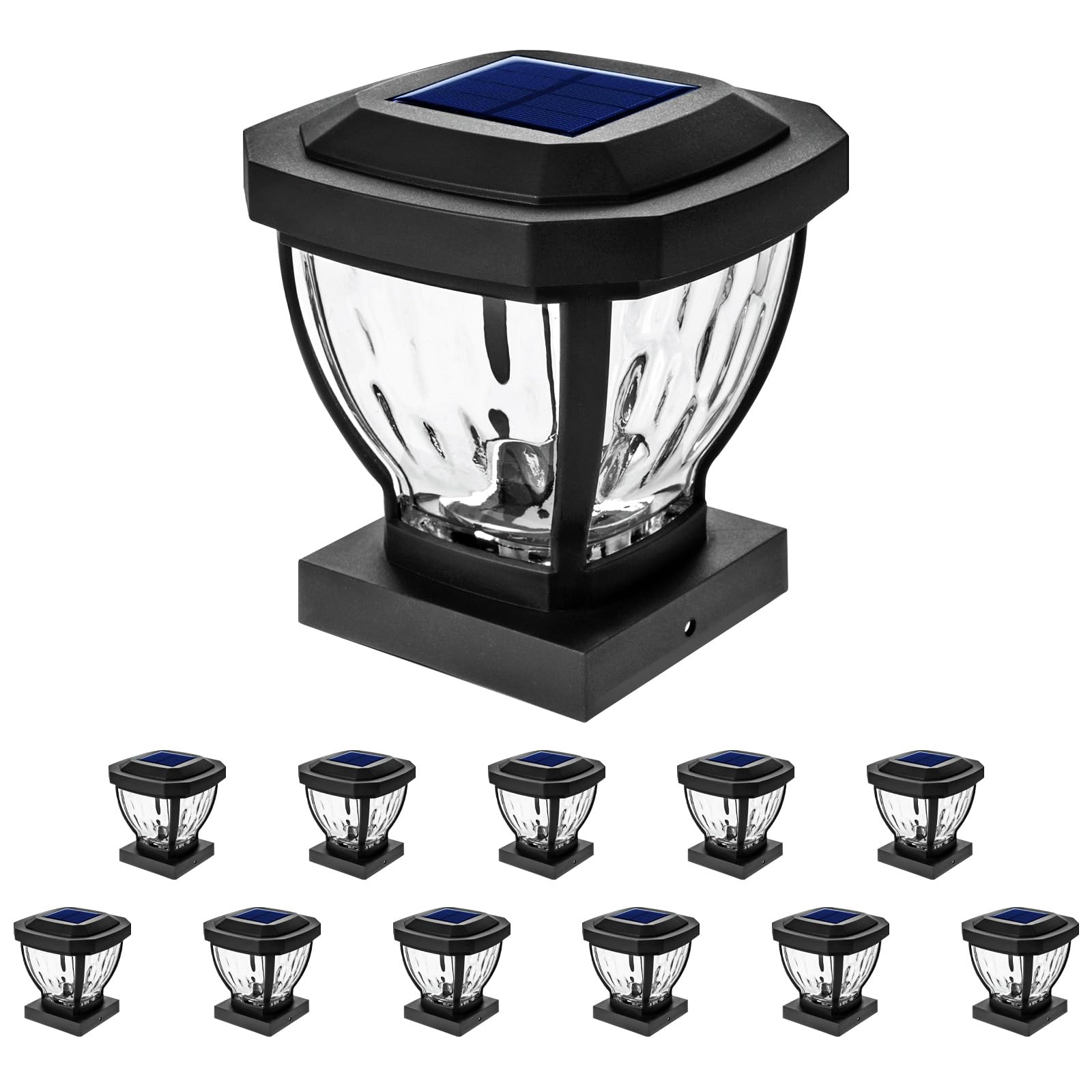 Home Zone Security Solar Post Cap Lights - Decorative Glass LED Outdoor Fits 3.5 x 3.5 in. Post Lights, Black (2-Pack)