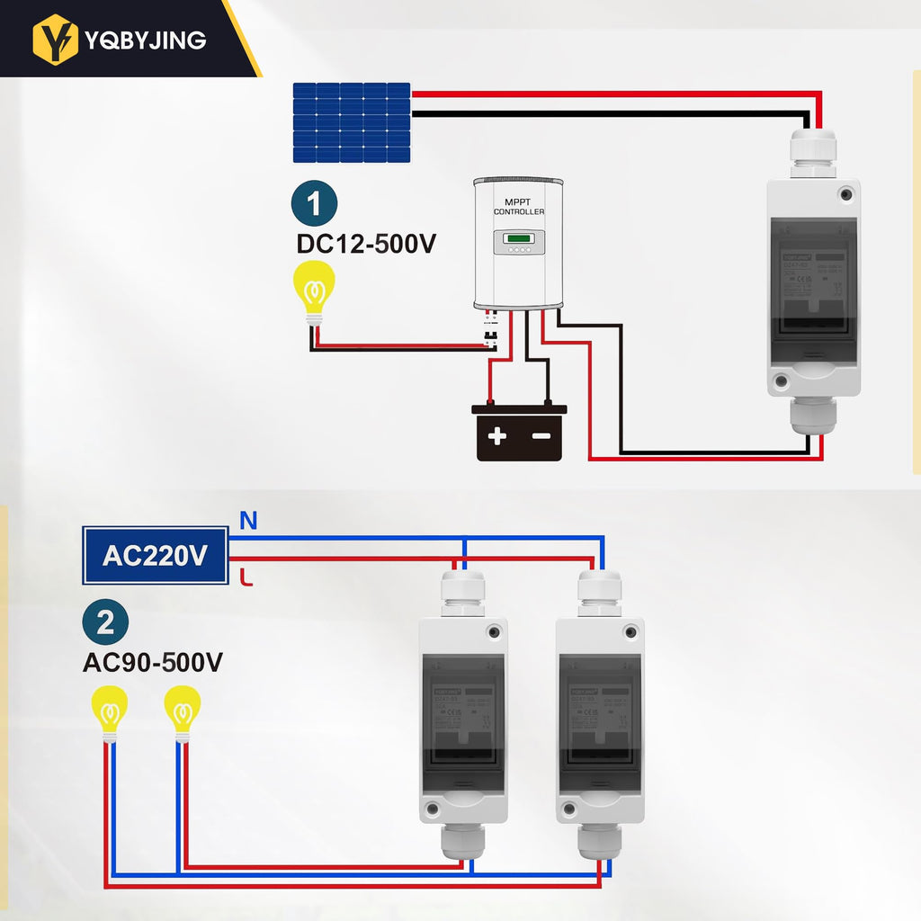 YQBYJING Solar Panel Disconnect Switch 32Amp DC AC Miniature Circuit Breaker 500V 2 Poles with PV Connector and IP65 Waterproof UV-Proof Box for Outdoor Solar PV Homes Battery