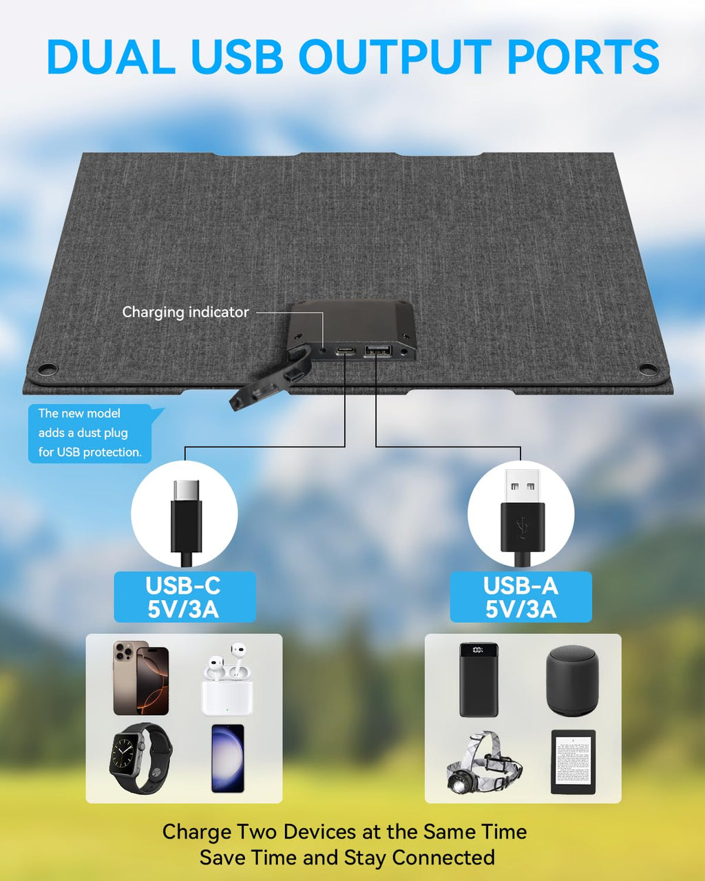 Ecosonique 30W Portable Foldable Solar Panel Charger with USB-C & USB-A