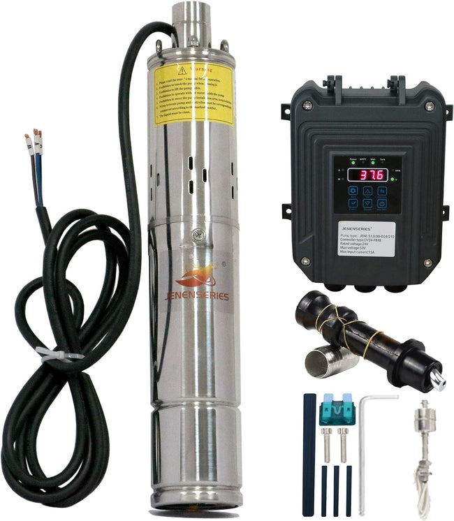 Pump 270W DC 24V Solar Water Pumps, Max head 262ft,7.9GPM Flow，3 inch Solar deep well submersible Pumps with MPPT controller （270W 24V) Hover Image