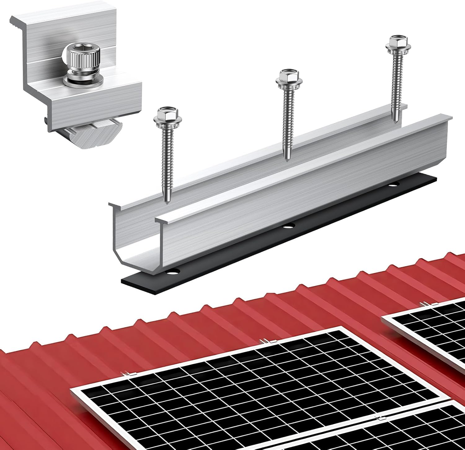 Anbte Solar Panel Bracket Kit, 6 Pcs 7.87 in Aluminium Solar Panel Mounting Rail 30mm/35mm Solar Panel End Clamps, Solar Panel Brackets for Metal Roof, Tin Roof, Flat Roof, Sheet Roof, RV, Silver