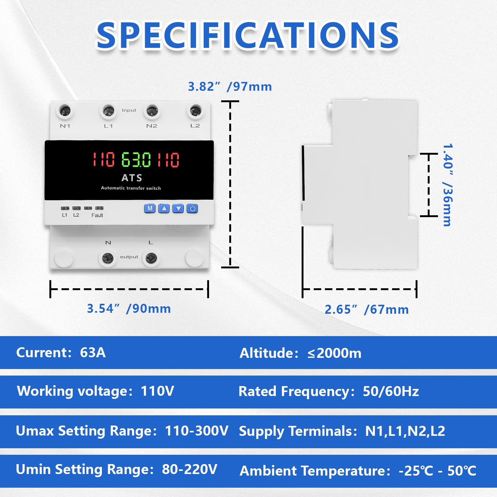 CXCESNS 63A AC110V Automatic Transfer Switch with LED Display,ATS Dual Power Changeover Switch Over/Under Voltage & Overcurrent Protection 50/60Hz for Home Generator,with Din Rail