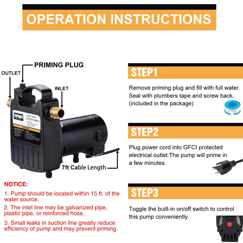 TOPWAY 1/2HP 1560GPH Portable Cast Iron High Pressure Utility Transfer Water Pump with Built-in On/Off Switch,Hose connectors & Suction Strainer.