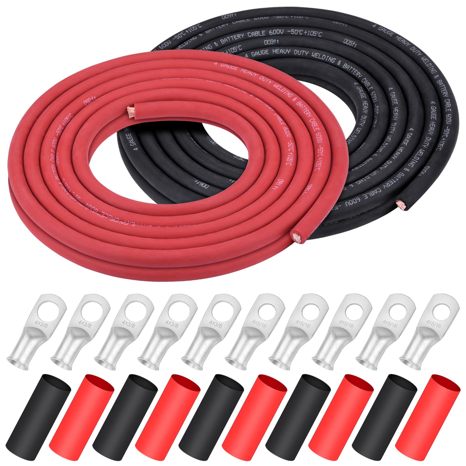 iGreely 4 AWG Gauge Wire Pure Copper Welding Battery Cable for Vehicle Solar,10Ft Black+10Ft Red Flexible OFC Cables with 5pcs of 5/16" & 5pcs 3/8" Copper Lug Terminal Connector Heat Shrink Tubing