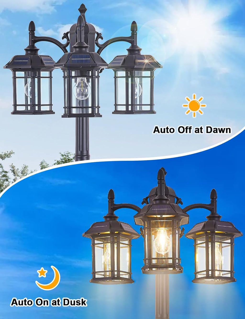 Solar Powered Outdoor Post Light 82.7" H 3-Headed Lamp Post with Dusk to Dawn Sensor Pole Street Lantern 3 Light Black Outdoor Lamp Post Lights E26 Outdoor Street Light for Pole Garden Yard