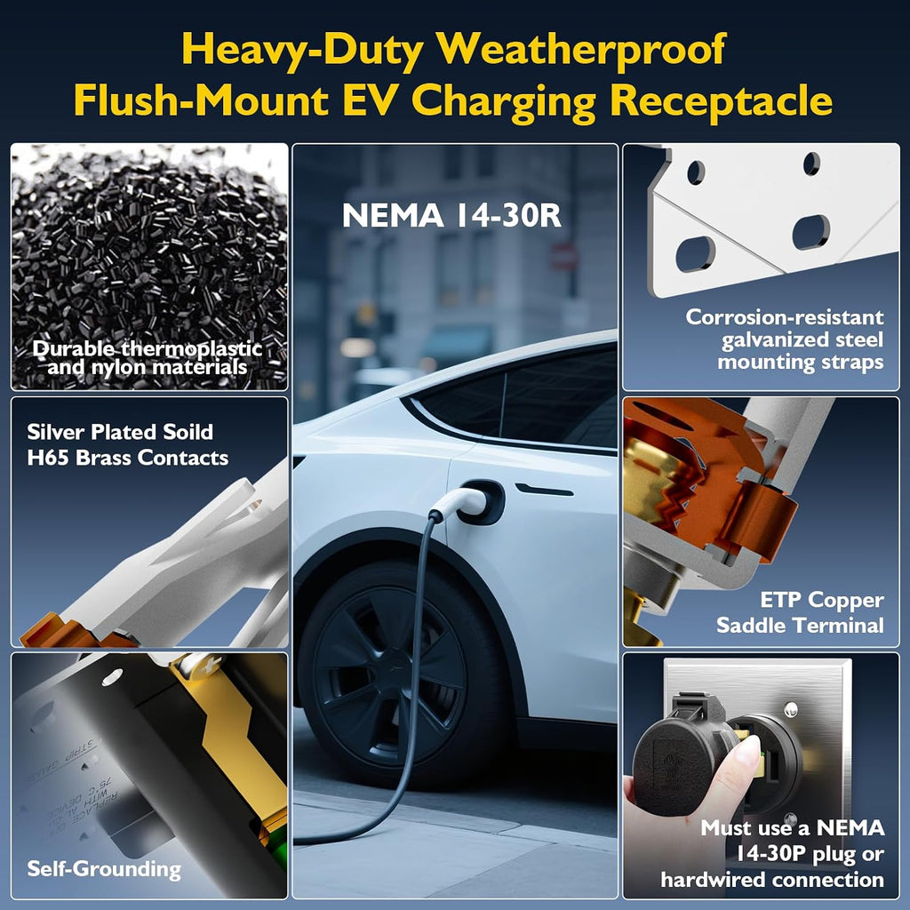 30 Amp EV Charging Straight Blade Device Receptacle/Outlet, Weather-Resistant NEMA 14-30R Heavy Duty, Industrial Grade, 3-Pole 4-Wire Grounding, 30A 125/250V, ETL Listed,Black