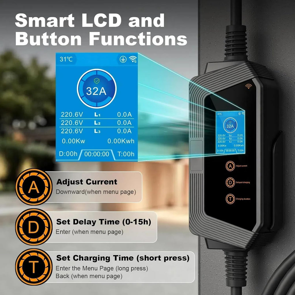 GB/T Portable EV Charger, 8-32amp Adjustable, 7kW Single Phase, 85-264V, Plug and Play, 5m(16.4ft)