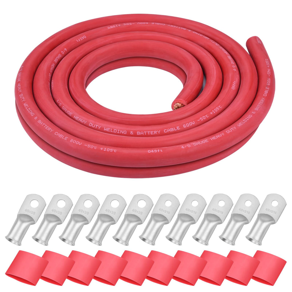 iGreely 4 AWG Gauge Wire Pure Copper Welding Battery Cable for Vehicle Solar,10Ft Black+10Ft Red Flexible OFC Cables with 5pcs of 5/16" & 5pcs 3/8" Copper Lug Terminal Connector Heat Shrink Tubing