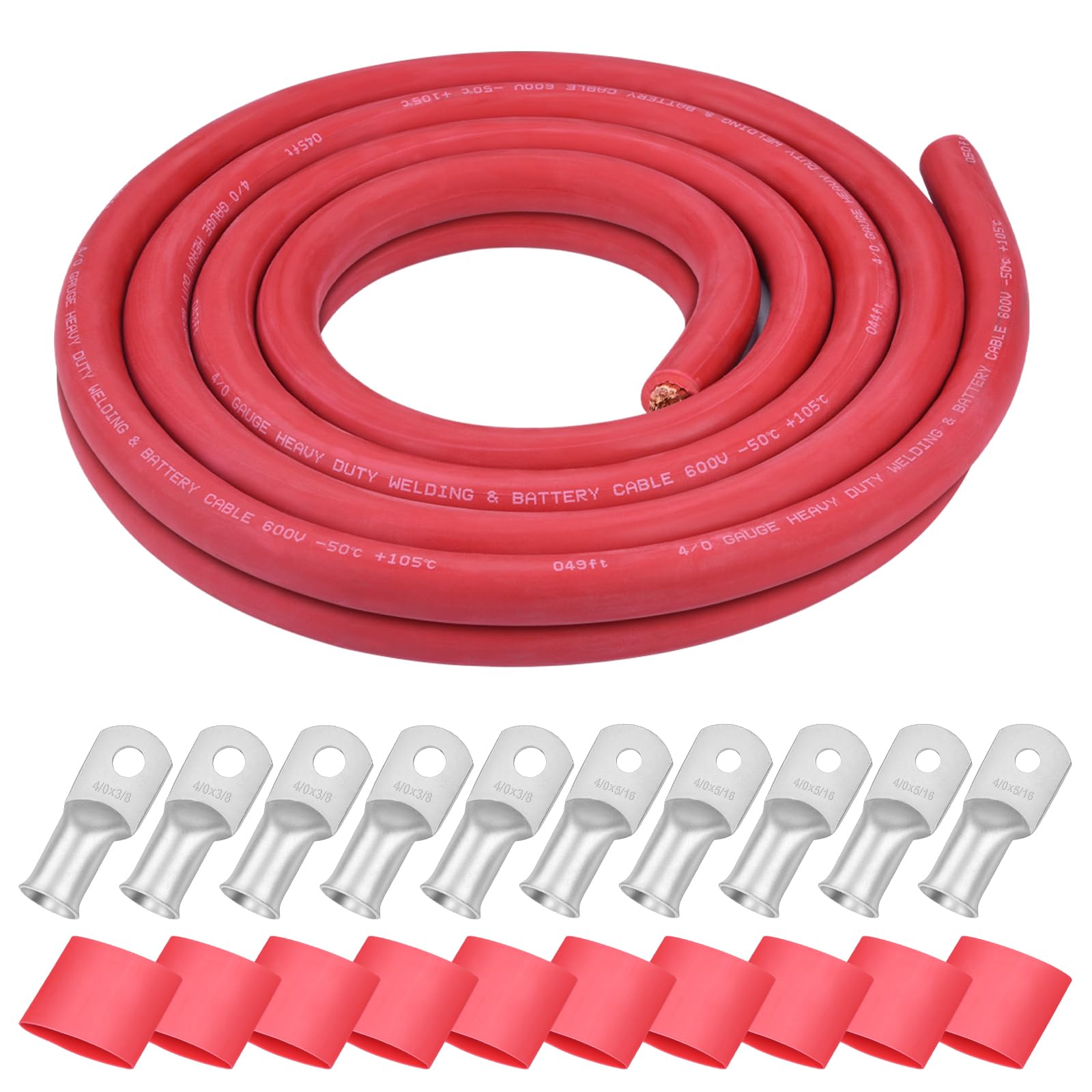 iGreely 4 AWG Gauge Wire Pure Copper Welding Battery Cable for Vehicle Solar,10Ft Black+10Ft Red Flexible OFC Cables with 5pcs of 5/16" & 5pcs 3/8" Copper Lug Terminal Connector Heat Shrink Tubing