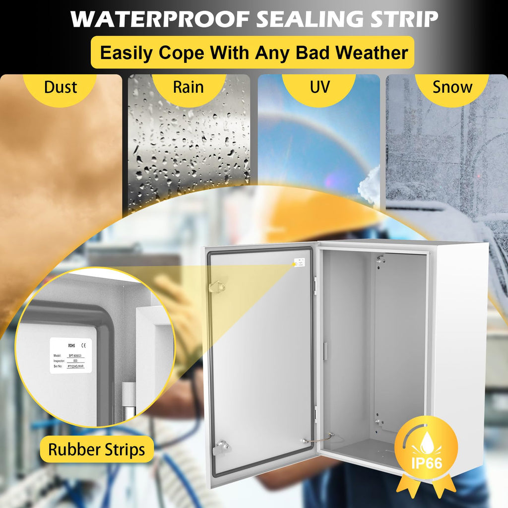 OPYRET Electrical Junction Box, 24"x16"x10" NEMA Steel Enclosure IP66 Waterproof & Dustproof Outdoor/Indoor Electrical Project Box with Mounting Plate