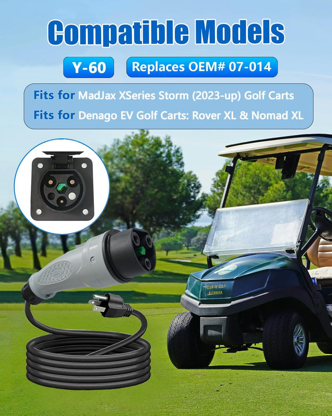 Y-60 Golf Cart Charger Cord for MadJax XSeries Storm & Denago EV Golf Carts - Replaces OEM# 07-014 - UL Listed, 3x14 AWG (10ft) Main Image