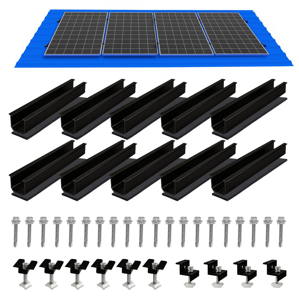 Solar Panel Mounting Brackets, Roof Mount Kit, Rails and Clamps Included for Thickness 1.18”-1.38”, 4pcs in A Row Assembly on Tin, Flat and Sheet Rooftop, Aluminum Alloy