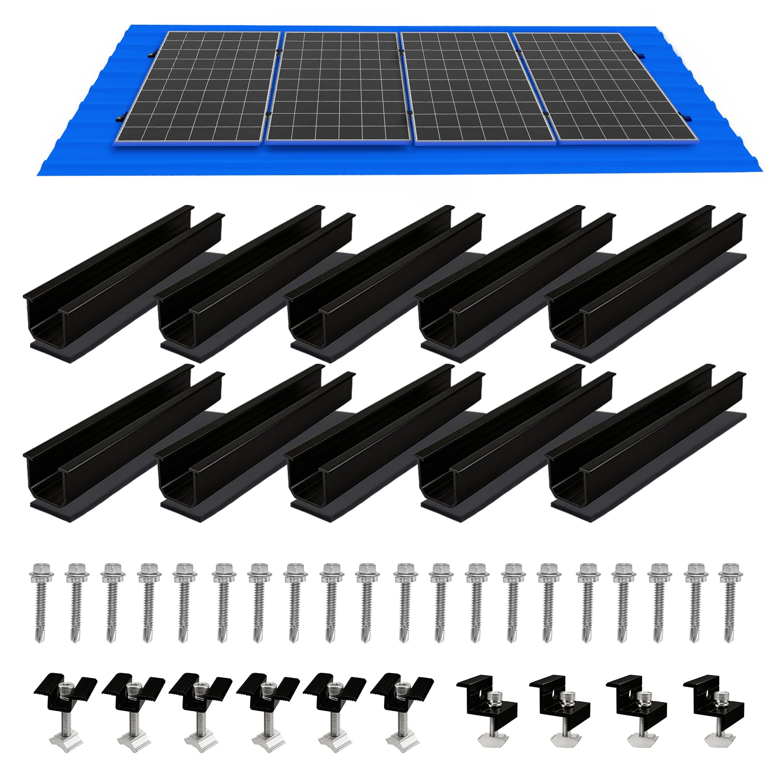 Solar Panel Mounting Brackets, Roof Mount Kit, Rails and Clamps Included for Thickness 1.18”-1.38”, 4pcs in A Row Assembly on Tin, Flat and Sheet Rooftop, Aluminum Alloy