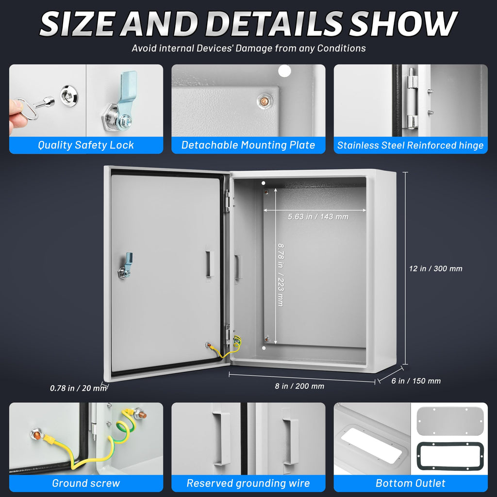 AUFUNIU Steel Electrical Junction Box, 12 x 8 x 6 Waterproof & Dustproof Electrical Enclosure, Outdoor & Indoor Universal Project Box with Lock & Mounting Plate