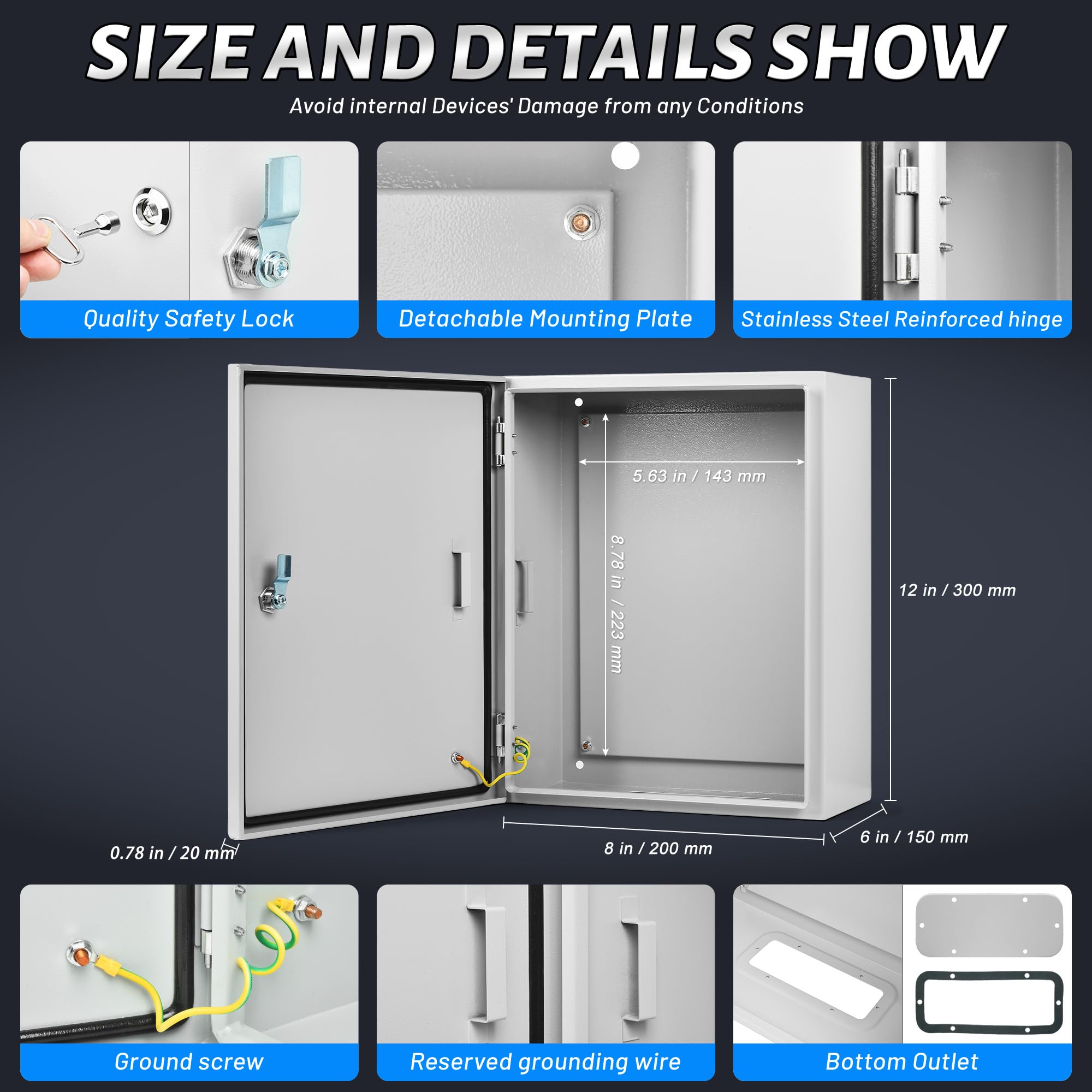 AUFUNIU Steel Electrical Junction Box, 12 x 8 x 6 Waterproof & Dustproof Electrical Enclosure, Outdoor & Indoor Universal Project Box with Lock & Mounting Plate