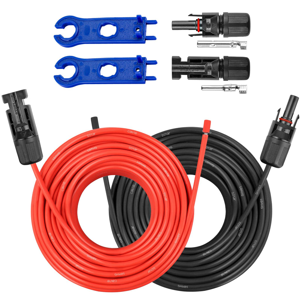 10AWG Solar Extension Panel Cable - 50FT Solar Wire with Waterproof Female and Male Connector and Solar Panel Adaptor Kit Tool PV Wire for RV, Home, Boat, Solar Panels(50feet Red + 50feet Black)