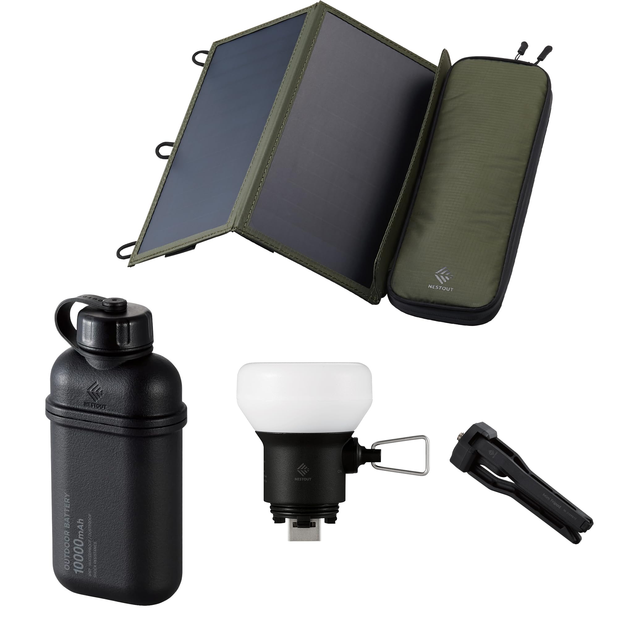 ELECOM NESTOUT 10000mAh Outdoor Power Bank + 2-Panel Solar Panel Charger + LAMP-1 LED 300 Lumen Soft Lantern - Black