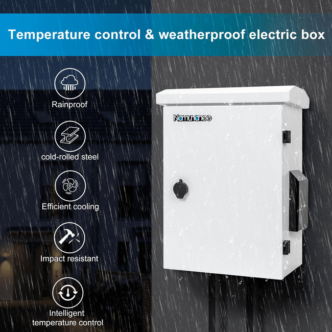 Outdoor Electrical Box with Thermostat and Fan, Cold-Rolled Steel Plate, Aluminum Alloy Back Beam, One-Piece Ventilation Design, IP65 Waterproof, Wall/Pole Mounted. (17.8" x 14" x 7.9") Main Image