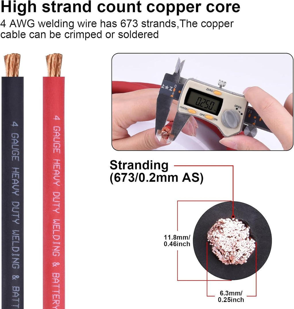 iGreely 4 AWG Gauge Wire Pure Copper Welding Battery Cable for Vehicle Solar,10Ft Black+10Ft Red Flexible OFC Cables with 5pcs of 5/16" & 5pcs 3/8" Copper Lug Terminal Connector Heat Shrink Tubing