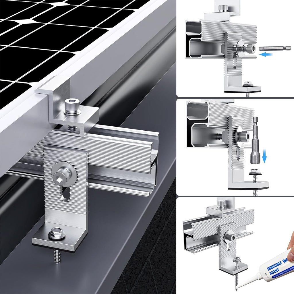 Solar Panel Mounting Bracket Kit, 10Pcs Upgraded Longer Stronger 6 inch Rails Solar Panel Mount for 1-4pcs Thickness 1.4” Solar Panels, w/ Water Drain Clips for Shingle,Slate,Metal and Tin roof