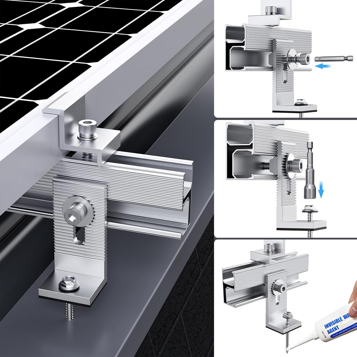 Solar Panel Mounting Bracket Kit, 10Pcs Upgraded Longer Stronger 6 inch Rails Solar Panel Mount for 1-4pcs Thickness 1.4” Solar Panels, w/ Water Drain Clips for Shingle,Slate,Metal and Tin roof