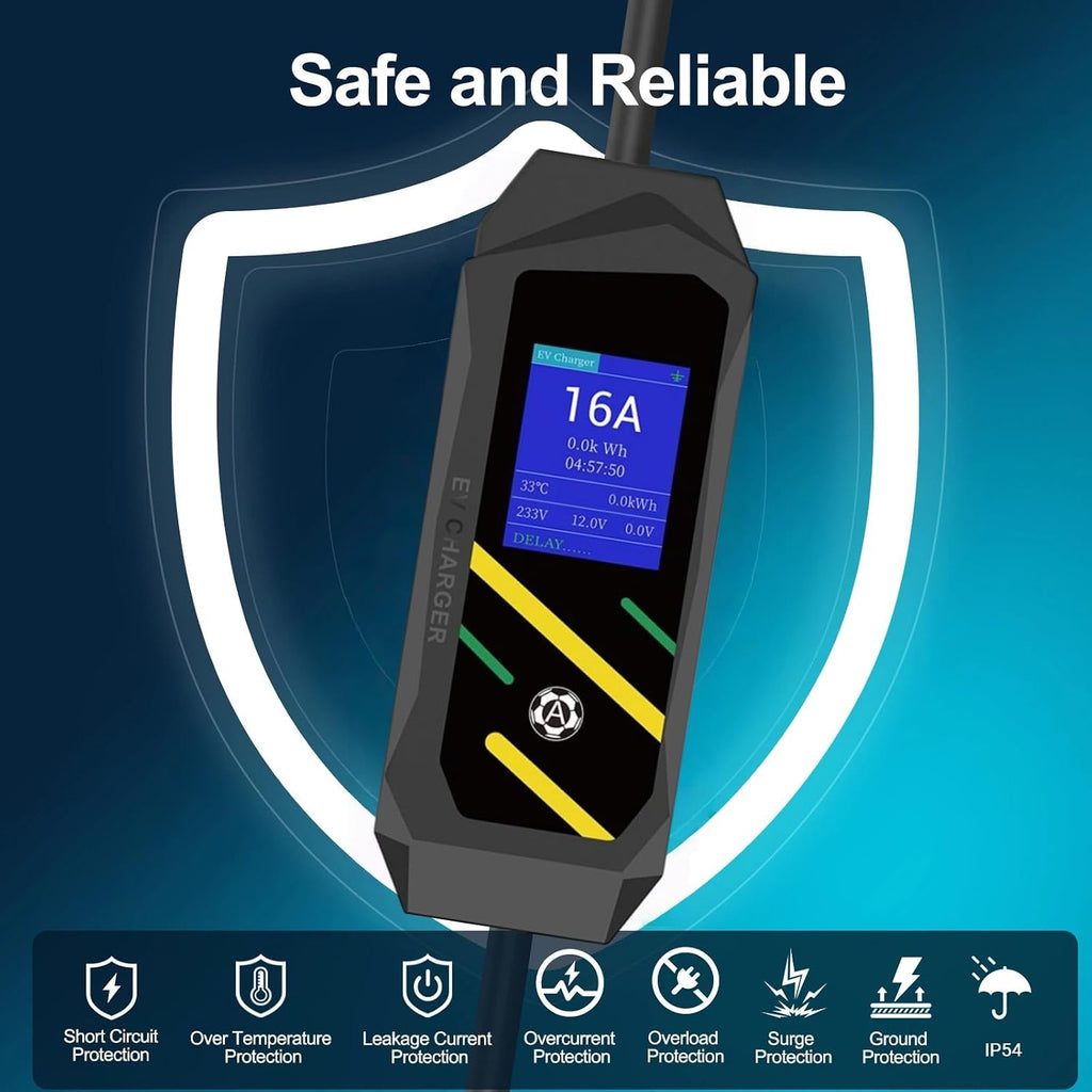 GB/T Portable EV Charger, NEMA 5-15 Plug, Adjustable 8-16A, 110V, LCD Display, 16.4ft Cable, Delayed Charging