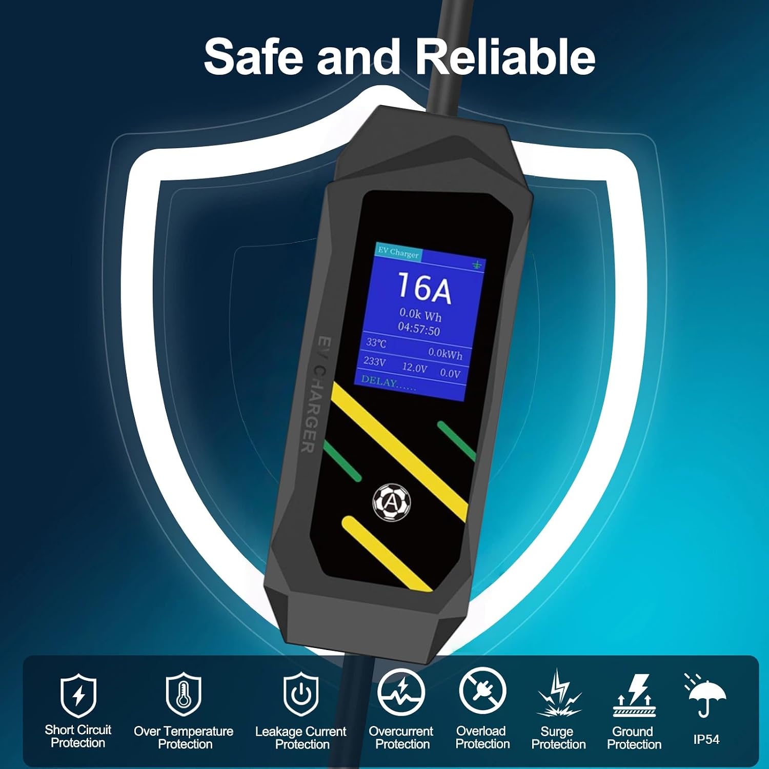 GB/T Portable EV Charger, NEMA 5-15 Plug, Adjustable 8-16A, 110V, LCD Display, 16.4ft Cable, Delayed Charging
