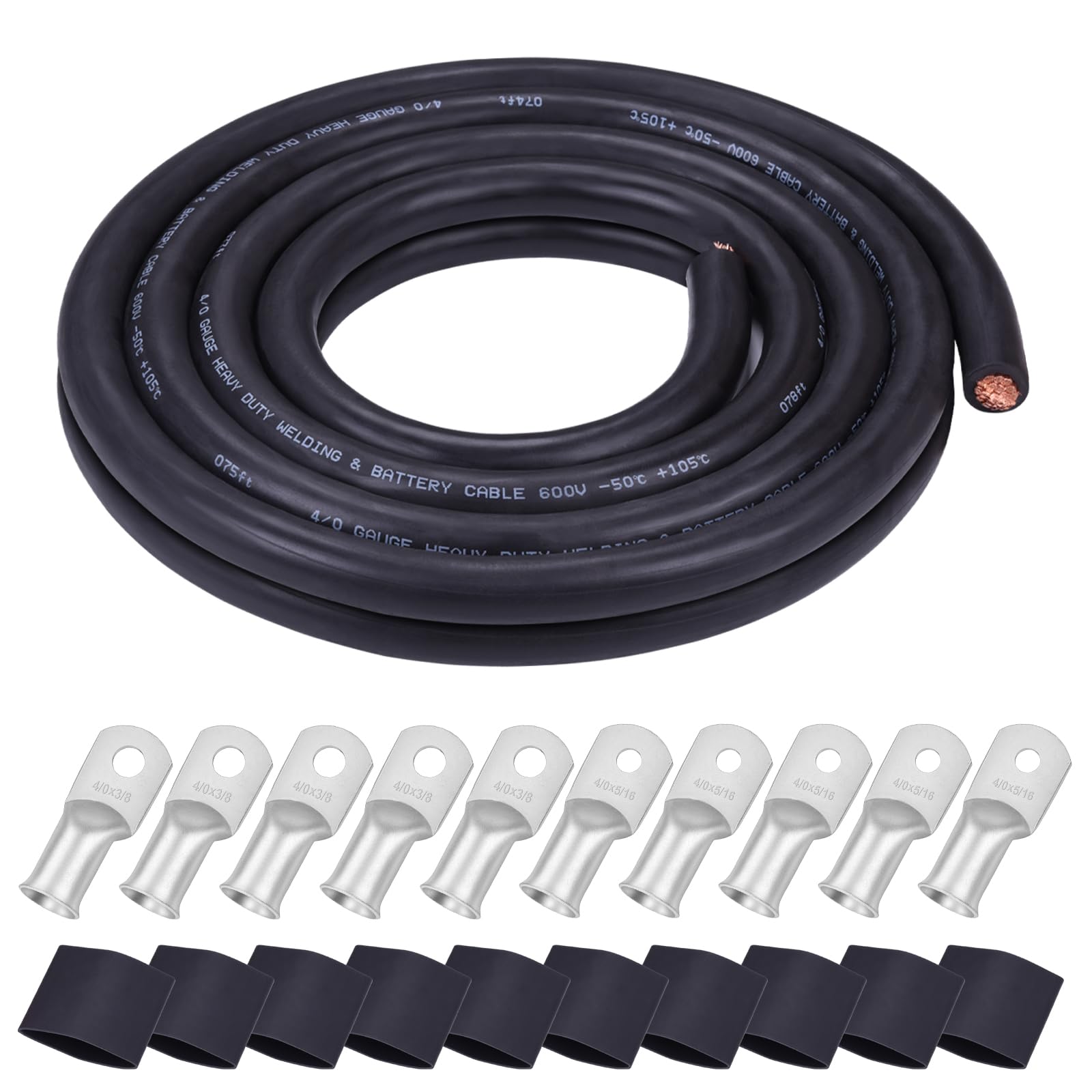 iGreely 4 AWG Gauge Wire Pure Copper Welding Battery Cable for Vehicle Solar,10Ft Black+10Ft Red Flexible OFC Cables with 5pcs of 5/16" & 5pcs 3/8" Copper Lug Terminal Connector Heat Shrink Tubing