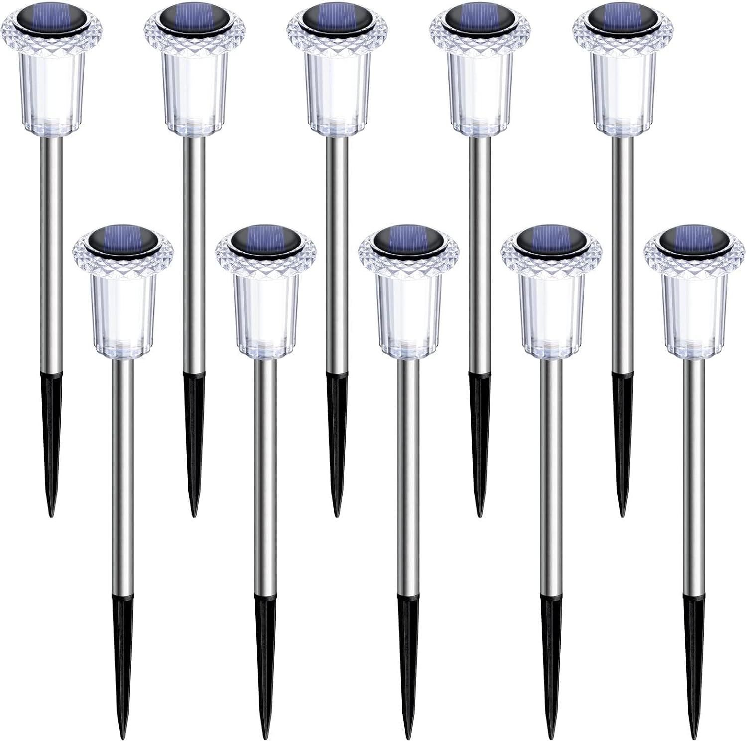 DenicMic Solar Lights Outdoor 10 Pack Waterproof 6000K Cold White LED Stainless Steel Stake Outside Lights for Yard Pathway Garden Driveway Walkway Landscape Path Lighting