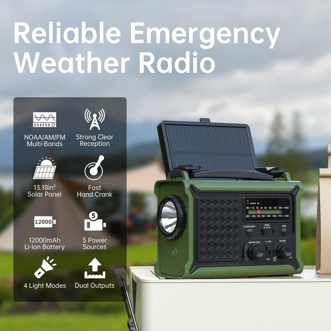 Solar Radio Emergency Hand Crank 12000mAh with Clear Signal, AM FM NOAA Weather Radio Battery Operated with 2-Mode LED Flashlight Cell Phone Charger Dual Outputs SOS Main Image