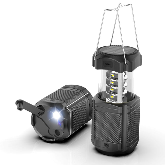 Camping Lantern 5000mAh Solar Hand Crank Telescopic LED Flashlight USB Charger for Power Outages ,Portable Rechargeable Battery Powered Operated Lanterns Lamp, Camping Gear Accessories (Black) Hover Image