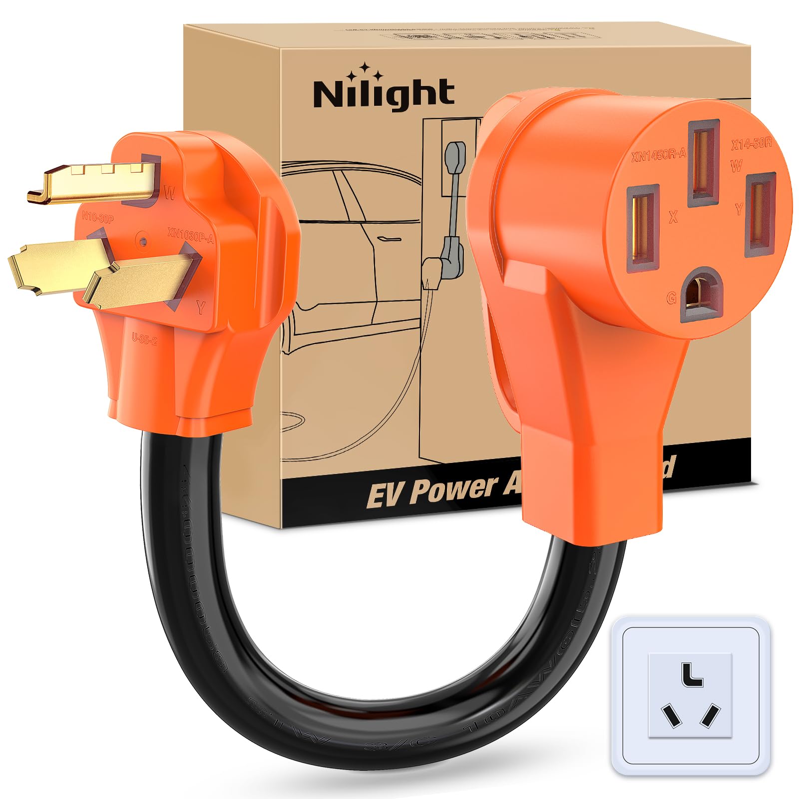 Nilight EV Adapter Cord 30 Amp to 50 Amp 4 Prong Pure Copper New Dryer Outlet to EV Plug Conversion Heavy Duty 10 Gauge Wire Nema 14-30P to 14-50R 30M/50F for Level 2 EVs Using