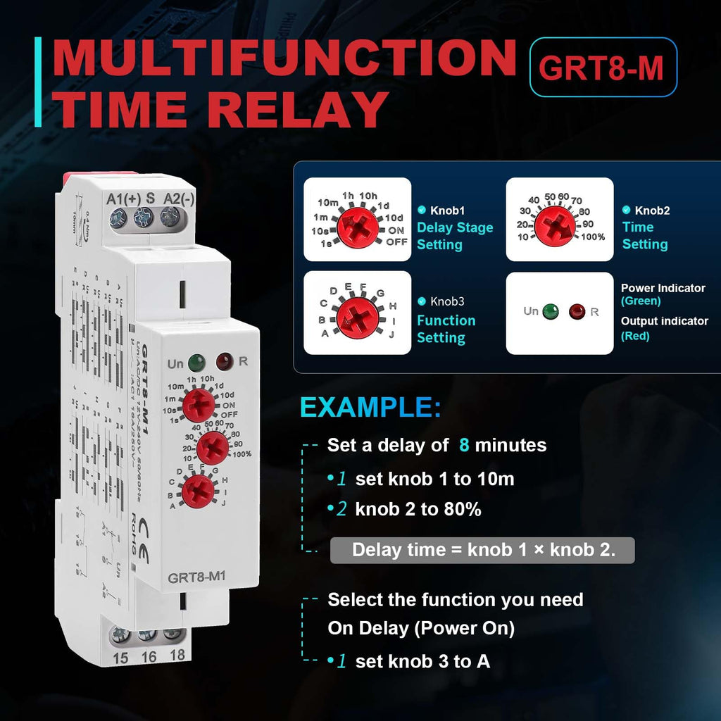 Multifunction Time Delay Relays AC DC 12V-240 Volt, 16A Mini Adjustable Timer Switch ON Off GRT8-M1, with 10 Electrical Timers Relay Control Delay Function for 1 Minute to 10 Days, DIN Rail Mount