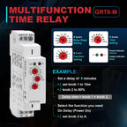 Multifunction Time Delay Relays AC DC 12V-240 Volt, 16A Mini Adjustable Timer Switch ON Off GRT8-M1, with 10 Electrical Timers Relay Control Delay Function for 1 Minute to 10 Days, DIN Rail Mount