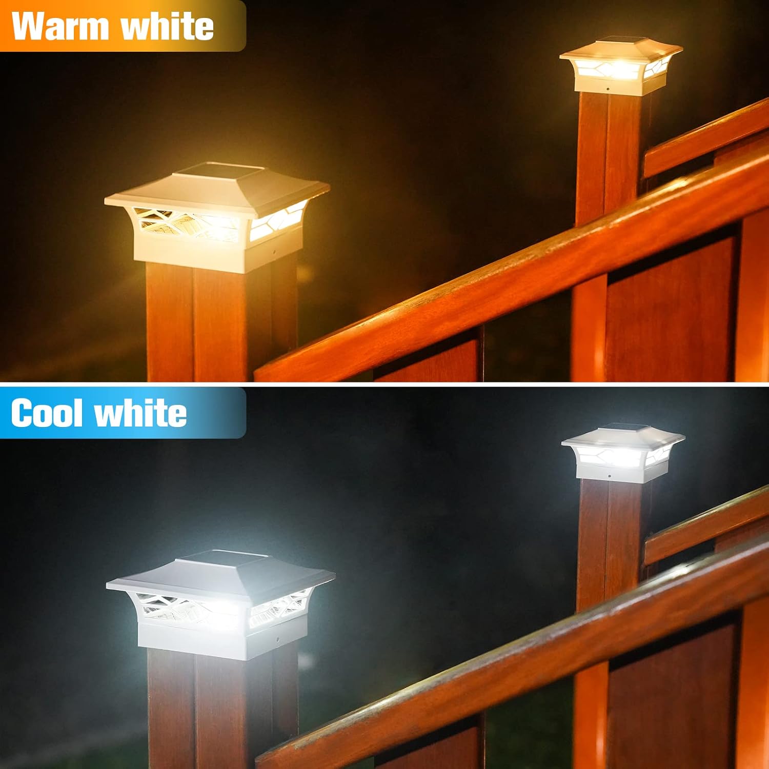 VOLISUN Solar Post Cap Lights: 8 - Pack Outdoor Deck Post Cap Lights White for Dock Fence Waterproof 2 Color Modes,4x4/6x6 Wooden/Vinyl Posts