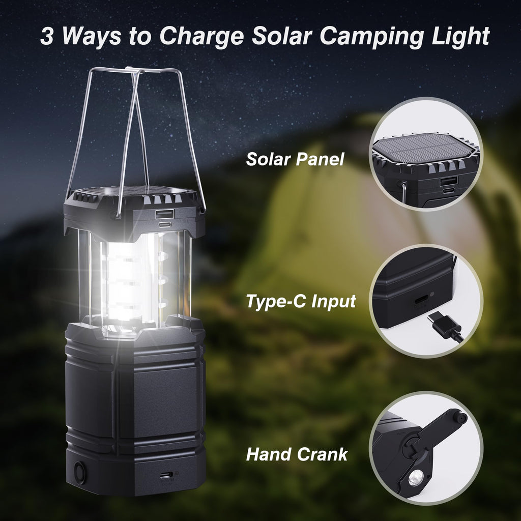 3000mAh Large Capacity Hand Crank Solar Camping Lantern, Portable Ultra Bright LED Torch, 23-26 Hours Running Time, USB Charger, Electronic Lantern for Outdoor