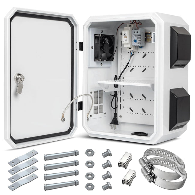 Outdoor Electrical Box with Thermostat and Fan, Cold-Rolled Steel Plate, Aluminum Alloy Back Beam, One-Piece Ventilation Design, IP65 Waterproof, Wall/Pole Mounted. (15.7" x 11.8" x 7.9") Hover Image