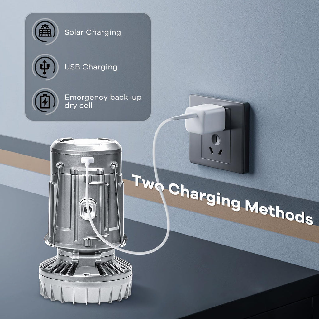 SZJIEIFR Solar Camping Lantern with Fan & Phone Charger, Portable Rechargeable Power for Hurricanes, Emergency, Power Outage and Camping Gear, Silver