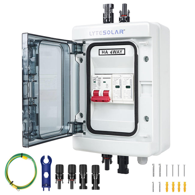1 String 500V PV Combiner Box 1 in 1 Out, 40A DC Circuit Breaker with Solar Disconnect Function, Surge Protection, IP65 Waterproof, Solar Panel Connectors Hover Image