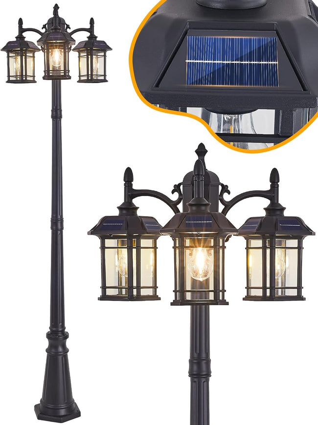 Solar Powered Outdoor Post Light 82.7" H 3-Headed Lamp Post with Dusk to Dawn Sensor Pole Street Lantern 3 Light Black Outdoor Lamp Post Lights E26 Outdoor Street Light for Pole Garden Yard Hover Image
