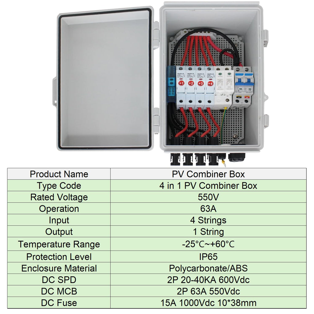 TOMSHIELE 4 String Solar PV Combiner Box with DC Circuit Breaker, Lightning Arrester and 15A Rated Current Fuse for On/Off Grid Solar System(Gray, with Lock)