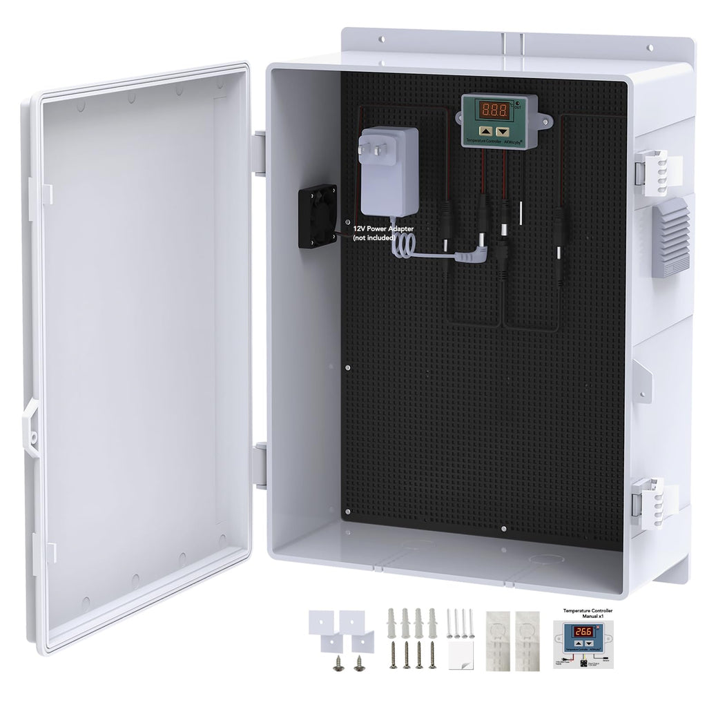 Akwscyby Outdoor Electrical Box, Waterproof Electrical Junction Box IP65 ABS Plastic Enclosure with Fan & Thermostat, Mounting Plate and Hinged Lid (18.1" Hx 12.5" L x 6.3" W)