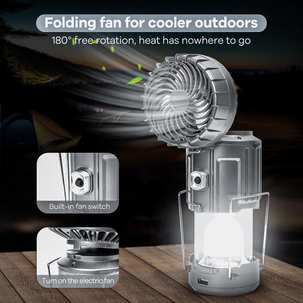 SZJIEIFR Solar Camping Lantern with Fan & Phone Charger, Portable Rechargeable Power for Hurricanes, Emergency, Power Outage and Camping Gear, Silver