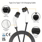 Type 2 Male to Type 1 Female EV Charging Cable, Mode 3 EV Charger for J1772 EVs, 32A 7kW Single Phase, 5m(16.4ft)