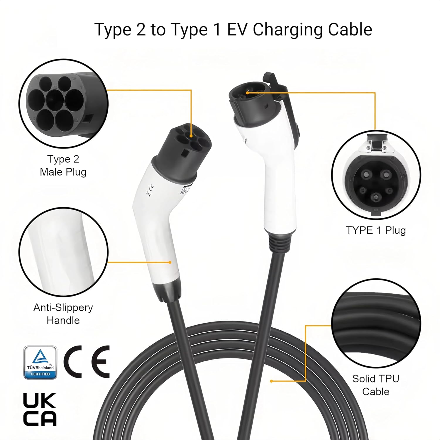 Type 2 Male to Type 1 Female EV Charging Cable, Mode 3 EV Charger for J1772 EVs, 32A 7kW Single Phase, 5m(16.4ft)