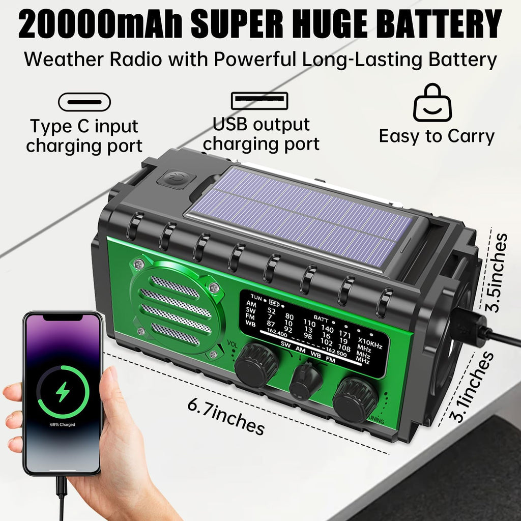 Aivica 20000mah Emergency Radio, SW/NOAA/AM/FM Weather Radio, Solar Powered Hand Crank Chager with Bige Batery Powered,Portable,Cellphone Charge,SOS,Flashlight for Emergency/Home