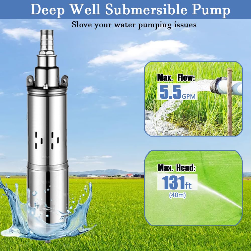 24V DC Solar Deep Well Pump,260W Submersible Water Pump,131FT Lift,Solar Powered Water Pump for Industrial, Irrigation and Home Use (20.8, Liters Per Minute)