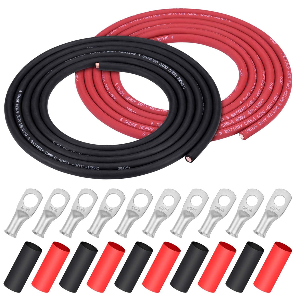iGreely 4 AWG Gauge Wire Pure Copper Welding Battery Cable for Vehicle Solar,10Ft Black+10Ft Red Flexible OFC Cables with 5pcs of 5/16" & 5pcs 3/8" Copper Lug Terminal Connector Heat Shrink Tubing