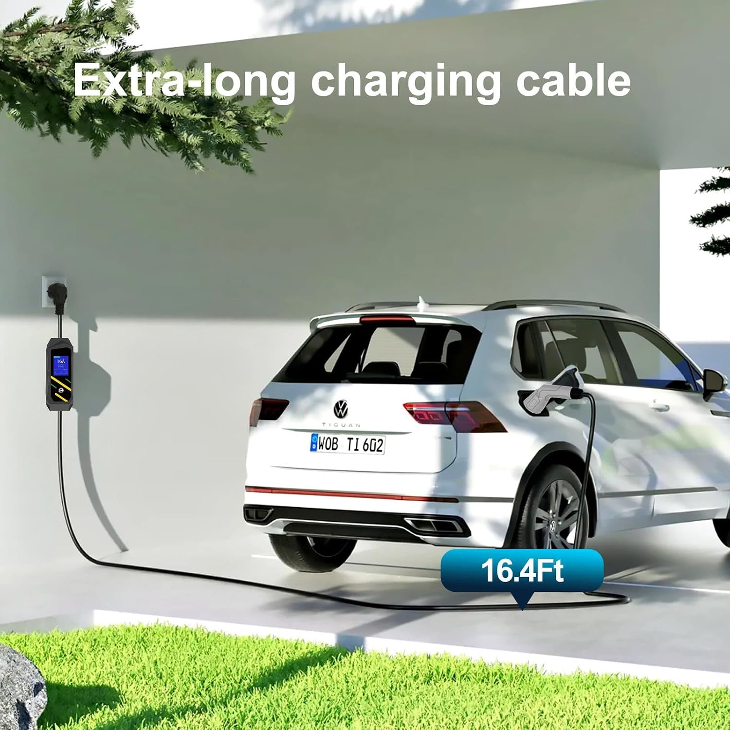 GB/T Portable EV Charger, NEMA 5-15 Plug, Adjustable 8-16A, 110V, LCD Display, 16.4ft Cable, Delayed Charging