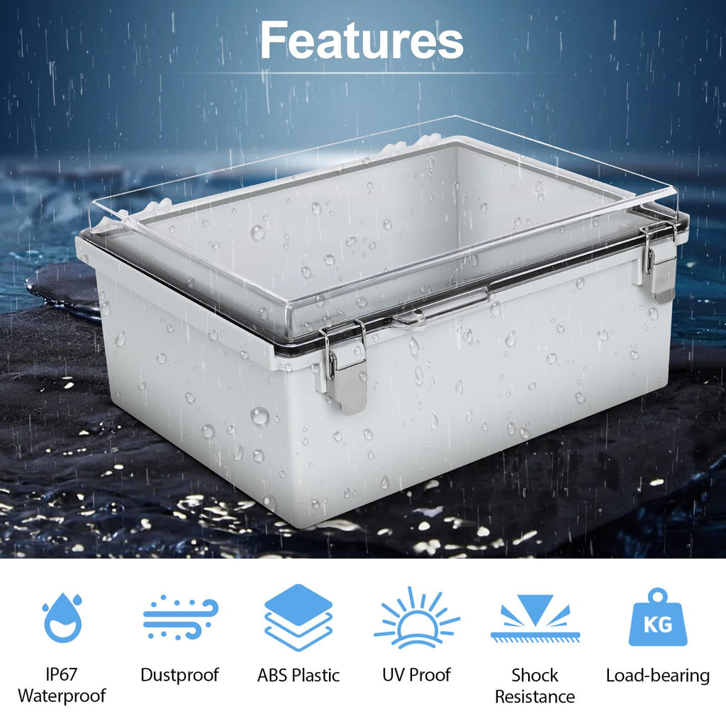 HoHaing Junction Box,IP67 Waterproof Electrical Box Hinged Clear Cover,Electrical Enclosure with Stainless Steel Latch,Terminal Box with Mounting Plate,Wire Connectors,Electrical Tapes,13.8"x9.8"x5.9"